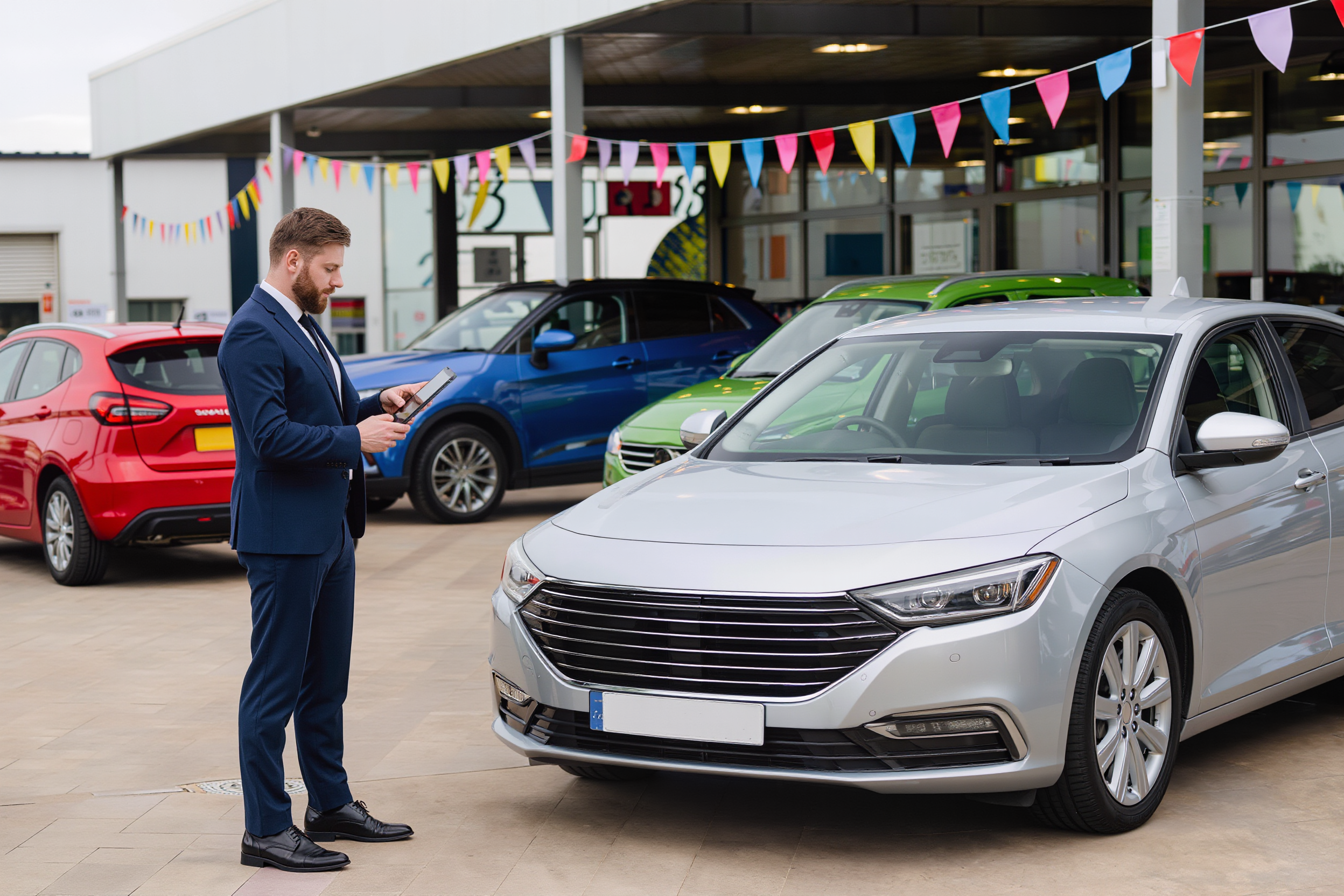 Professional dealer valuing cars on the forecourt
